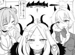  3girls :i ^_^ ahoge blue_archive blush breasts cheek_bulge choker cleavage closed_eyes collarbone demon_horns erika_(blue_archive) fake_horns fang greyscale grin gyaru halo hina_(blue_archive) horns kirara_(blue_archive) kogal large_breasts looking_at_another looking_at_viewer monochrome multiple_girls multiple_horns narration nishino_hikoji open_collar parted_bangs skin_fang smile tears upper_body 