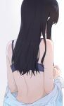  1girl back back_focus bare_shoulders bario black_hair bra facing_away from_behind highres long_hair off_shoulder original purple_bra shirt simple_background solo sweat underwear undressing upper_body white_background white_shirt 