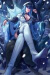  1girl akame_ga_kill! blue_eyes blue_hair blue_nails boots breasts cleavage crossed_legs esdeath hat highres ice large_breasts long_hair long_sleeves military military_uniform pencilequipped sitting snow solo throne uniform very_long_hair white_footwear 