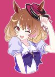  1girl ;d animal_ears boater_hat bow bowtie brown_eyes brown_hair commentary ears_through_headwear hat highres horse_ears horse_girl horseshoe_ornament looking_at_viewer north_flight_(umamusume) one_eye_closed puffy_short_sleeves puffy_sleeves purple_background purple_bow purple_bowtie purple_serafuku purple_shirt sailor_collar sailor_shirt school_uniform serafuku shirt short_sleeves simple_background smile tracen_school_uniform umamusume yoshiko_(mihomi_0135) 