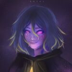  artist_name black_cloak blue_hair blurry cloak colored_sclera colored_skin dana_(kothy) dark_blue_hair depth_of_field divine_being facing_viewer hair_between_eyes highres kothy light_smile looking_at_viewer medium_hair original pink_eyes pink_sclera purple_skin smile space star_(sky) 