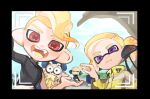  4boys agent_3_(splatoon) agent_3_(splatoon_3) black_border black_jacket blonde_hair blue_sky border cap&#039;n_cuttlefish closed_mouth cloud headphones inkling_boy inkling_player_character jacket looking_at_viewer medium_hair mohawk multiple_boys octoling_boy octoling_player_character open_mouth outdoors purple_eyes red_eyes short_hair sky smile spl8ya splatoon_(series) splatoon_3 teeth tentacle_hair tentacles viewfinder yellow_jacket 