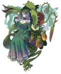  1girl ater9 bare_shoulders breasts cleavage colored_skin cup dress elbow_gloves flower frills full_body gloves green_dress green_gloves green_skin hair_flower hair_ornament highres holding holding_cup large_breasts long_hair monster_girl original pitcher_plant plant plant_girl purple_hair red_eyes sitting venus_flytrap vines 