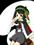  1boy baila_kuangzi bird_tail black_capelet black_eyes black_hair black_headwear black_vest capelet chinese_commentary collared_shirt commentary_request fur-trimmed_capelet fur_trim green_ribbon grey_shorts hand_up hat highres indie_virtual_youtuber male_focus neck_ribbon open_mouth ribbon shirt short_hair shorts smile solo suspender_shorts suspenders tabinoki_kanae tail vest virtual_youtuber white_shirt 