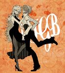  1girl bare_shoulders brief_(psg) couple dancing dress formal hand_on_hip hetero high_heels long_dress long_hair monochrome orange_(color) panty_&amp;_stocking_with_garterbelt panty_(psg) pantyhose sachiko_(omame) shoes short_hair 