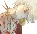  1boy bishounen blue_eyes collar colored_eyelashes commentary_request fate/apocrypha fate_(series) from_side karna_(fate) male_focus narrowed_eyes one_eye_closed pale_skin parted_lips portrait short_hair sidelighting sm smile solo spiked_collar spikes white_background white_hair 