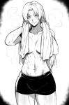  1girl absurdres breasts collarbone commentary english_commentary greyscale highres jujutsu_kaisen large_breasts long_hair looking_at_viewer monochrome navel parted_lips short_shorts shorts simple_background smile solo steaming_body toned topless towel towel_around_neck tsukumo_yuki_(jujutsu_kaisen) wiping_sweat zovokia 
