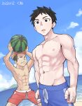  2boys abs artist_name beach black_eyes black_hair blue_male_swimwear brown_hair closed_mouth dated food forked_eyebrows fruit holding holding_food kakuryuu_takeru kune_(kune_kune_project) looking_at_food looking_at_viewer male_focus male_swimwear multicolored_hair multiple_boys parted_lips pectorals red_male_swimwear short_hair soredemo_ayumu_wa_yosetekuru swim_trunks tanaka_ayumu toned toned_male topless_male two-tone_hair undercut watermelon 