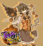  bad_id bad_pixiv_id bandages black_hair brown_background brown_eyes gettewi grin halloween jack-o'-lantern looking_at_viewer open_mouth pointy_ears pumpkin shameimaru_aya short_hair smile solo striped striped_legwear thighhighs touhou trick_or_treat wings 
