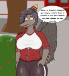 anthro big_breasts blush bone_frill breasts broken_zipper brown_hair clothing colored crossgender detailed_background dialogue feathers female frill_(anatomy) goodbye_volcano_high grey_body grey_feathers grey_scales hair hand_in_pocket head_crest head_frill hi_res jacket looking_down mrcookiws mtf_crossgender naser_(gvh) nasera offscreen_character outside plant pockets pterodactylus pterosaur reptile scales scalie shirt short_tail shrub snout solo spanish_text speech_bubble sportswear standing tail talking_to_viewer text topwear track_pants tree wardrobe_malfunction yellow_eyes zipper