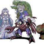  2girls armor beastking_of_the_swamps blue_eyes carrying closed_eyes crab_turtle cyclops diadem dress duel_monster fins fish grey_hair head_fins highres kitkallos_(yu-gi-oh!) lamprey long_hair looking_at_another monster multiple_girls one-eyed orrdriver piggyback pincers pointing riding shaded_face simple_background slime_(creature) tearlaments_merrli tearlaments_rulkallos white_background yu-gi-oh! zone_eater 