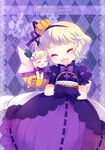  alternate_color argyle argyle_background bubble_skirt dress flower food_themed_hair_ornament gloves hair_flower hair_ornament halloween happy_halloween juuno_(nekoda) lily_of_the_valley medicine_melancholy pumpkin_hair_ornament purple purple_background purple_dress skirt solo su-san touhou wand 