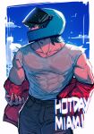  1boy biceps biker_(hotline_miami) bird blue_eyes blue_sky cloud collarbone copyright_name covered_abs facing_viewer helmet highres hotline_miami looking_to_the_side male_focus motorcycle_helmet muscular muscular_male off_shoulder pants pink_vest seagull see-through see-through_shirt sky solo tatsu_(tatsumccree) torn_clothes torn_pants vest 