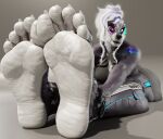5_toes allandox anthro black_body black_fur canid canine clothed clothing countershade_feet countershading feet female foot_focus fur hi_res humanoid_feet mammal plantigrade science_fiction soles solo toes white_body white_fur
