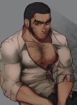  1boy absurdres alex_(cerealex) bara bare_pectorals beard_stubble buzz_cut chest_hair cowboy_shot facial_hair golden_kamuy highres long_sideburns looking_at_viewer male_focus mature_male muscular muscular_male nipples open_clothes open_shirt pants pectorals scar short_hair sideburns solo sparse_chest_hair stubble tanigaki_genjirou thick_eyebrows torn_clothes torn_pants very_short_hair 