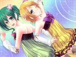  arm_up arm_warmers bad_id bad_pixiv_id blush bow cheerful_candy_(module) colorful_drop_(module) colorful_x_melody_(vocaloid) flower green_eyes green_hair hand_on_hip hatsune_miku kagamine_rin looking_back multiple_girls one_eye_closed project_diva_(series) project_diva_2nd short_hair siempre thighhighs twintails vocaloid 