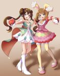  2girls :d absurdres animal_ears bare_shoulders blue_eyes brown_hair double_bun dress fake_animal_ears full_body hair_bun hand_on_another&#039;s_hand highres holding holding_poke_ball looking_at_viewer may_(pokemon) may_(spring_2021)_(pokemon) multiple_girls open_mouth palms_together pantyhose pink_dress pink_footwear poke_ball poke_ball_(basic) pokemon pokemon_masters_ex puffy_short_sleeves puffy_sleeves rabbit_ears rosa_(champion)_(pokemon) rosa_(pokemon) short_sleeves smile tiara twintails white_dress white_footwear yellow_pantyhose yurika_(poire087) 