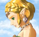  1girl bare_shoulders bead_necklace beads blue_sky braid circlet closed_mouth cloud crown_braid dress drop_earrings earrings from_side green_eyes jewelry lips looking_down necklace official_alternate_costume pointy_ears princess_zelda rabitan1022 short_hair sidelocks sky solo strapless strapless_dress the_legend_of_zelda the_legend_of_zelda:_tears_of_the_kingdom upper_body 
