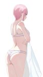  1girl ass back bario blue_eyes blush bra breasts cowboy_shot earrings from_behind go-toubun_no_hanayome highres holding holding_clothes jewelry medium_breasts nakano_ichika panties pink_hair short_hair simple_background solo standing thighs underwear underwear_only white_background white_bra white_panties 