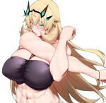  1girl abs arind_yudha bare_arms barghest_(fate) blonde_hair blush bracelet breasts closed_mouth collarbone crop_top diamond_(shape) fate/grand_order fate_(series) green_eyes headpiece heterochromia highres huge_breasts jewelry long_hair looking_at_viewer muscular muscular_female navel orange_eyes sidelocks simple_background solo stretching upper_body white_background 