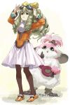  1girl :3 adjusting_goggles bow chu_chu_(xenogears) commentary_request creature dress drill_hair drill_sidelocks goggles goggles_on_head green_eyes green_hair hair_bow indesign long_hair maria_balthasar open_mouth orange_footwear pantyhose pink_fur ringlets sidelocks twitter_username xenogears yellow_bow 
