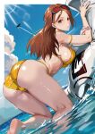  1girl absurdres aircraft airplane all_fours arm_strap ass bare_legs barefoot bikini blue_sky border breasts brown_eyes brown_hair cloud commentary_request commission contrail day dutch_angle earrings eyewear_on_head fading_border feet fingernails foot_out_of_frame highres jewelry kneepits kouya_no_kotobuki_hikoutai large_breasts lens_flare light_rays long_hair looking_at_viewer mole mole_under_eye nail_polish ocean outdoors outside_border parted_lips pink_nails side-tie_bikini_bottom skeb_commission sky soles solo string_bikini stud_earrings sunbeam sunglasses sunlight swimsuit teeth turning_head water white_border yagi_(joe731842) yellow_bikini zara_(kouya_no_kotobuki_hikoutai) 