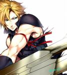  1boy arm_ribbon armor black_gloves blonde_hair blue_eyes cloud_strife commentary_request elbow_gloves fighting_stance final_fantasy final_fantasy_vii final_fantasy_vii_advent_children gloves high_collar holding holding_sword holding_weapon looking_to_the_side male_focus pauldrons red_ribbon ribbon shoulder_armor simple_background single_pauldron sleeveless solo spiked_hair sword tama_(tmfy5) twitter_username upper_body weapon white_background 