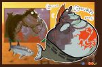 anthro belly big_belly big_tail bodily_noises burp_cloud burping chain_necklace chocopaws2 clothing cohozuna digital_media_(artwork) english_text fish grey_body hair hyper hyper_belly ink jewelry king_salmonid male marine mohawk navel necklace nintendo onomatopoeia open_mouth overweight overweight_male pseudo_hair realistic salmon salmonid_(fish) salmonid_(splatoon) sharp_teeth smile solo sound_effects splatoon splatoon_(series) splatoon_3 tail teeth text thick_tail tongue wobble