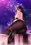  1girl absurdres ass azur_lane black_dress black_pantyhose breasts chi_an_(azur_lane) dress feet fireworks highres large_breasts long_hair looking_at_viewer looking_back night night_sky no_shoes noyuki_(3702) outdoors pantyhose sky soles solo toes 