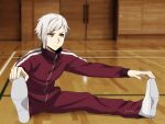  1boy bungou_stray_dogs closed_mouth full_body grey_hair looking_to_the_side mari_(marimaripink) nakajima_atsushi_(bungou_stray_dogs) solo sportswear stretching twitter_username yellow_eyes 