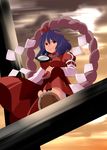  be_(o-hoho) breasts hair_ornament large_breasts mirror onbashira pillar purple_hair red_eyes rope sandals shide shimenawa solo sunset touhou yasaka_kanako 