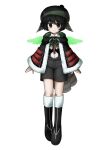  1boy bird_tail black_capelet black_eyes black_footwear black_hair black_headwear boots capelet chinese_commentary closed_mouth commentary_request eye_of_senri full_body fur-trimmed_boots fur-trimmed_capelet fur_trim green_ribbon green_wings grey_shorts hat highres indie_virtual_youtuber long_sleeves male_focus neck_ribbon ribbon shirt short_hair shorts simple_background smile solo tabinoki_kanae tachi-e tail variant_set virtual_youtuber websci_3357 white_background white_shirt wings 