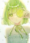  1girl bare_shoulders bow commentary_request dress food fruit green_bow green_eyes green_hair highres holding holding_food lime_(fruit) lime_slice looking_at_viewer necojishi original parted_lips short_hair simple_background sleeveless sleeveless_dress water_drop white_background white_dress 