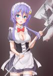  alternate_breast_size alternate_costume anti_(untea9) apron axe black_background blue_eyes bow bowtie breasts cleavage cleavage_cutout clothing_cutout corset crescent crescent_hair_ornament dress enmaided frilled_apron frills gradient_background grey_dress hair_ornament highres holding holding_weapon kantai_collection maid maid_headdress purple_hair red_bow red_bowtie short_hair short_hair_with_long_locks thighhighs weapon white_apron white_thighhighs yayoi_(kancolle) 
