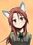  animal_ears blush kurou_(niconicorin) long_hair military military_uniform minna-dietlinde_wilcke red_eyes red_hair smile solo strike_witches uniform world_witches_series 