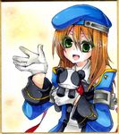  bad_id bad_pixiv_id beret blazblue blonde_hair gloves green_eyes hat highres lao_jiu long_hair noel_vermillion panda shikishi solo takamiya_ren traditional_media waving 