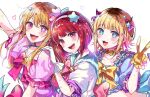  3girls :3 :d arima_kana arm_up back_bow behind_another blonde_hair blue_bow blue_choker blue_eyes blue_ribbon blue_sailor_collar blunt_bangs blush bob_cut bow bowtie brooch brown_hair buttons choker collarbone cropped_shirt csvakrj4bns9tmw demon_horns eyelashes fake_horns fang flower_(symbol) frilled_gloves frilled_shirt frills gloves hair_ornament hair_ribbon hairband hand_on_another&#039;s_shoulder hand_up head_tilt heart highres horns hoshino_ruby idol idol_clothes inverted_bob jewelry long_hair looking_at_viewer memcho midriff multicolored_hair multiple_girls open_mouth oshi_no_ko puffy_short_sleeves puffy_sleeves purple_bow purple_bowtie purple_hairband purple_shirt red_eyes red_hair ribbon ribbon-trimmed_shirt sailor_collar sailor_shirt shirt short_hair short_sleeves sidelocks smile sparkle square_neckline star-shaped_pupils star_(symbol) star_brooch star_hair_ornament star_tattoo swept_bangs symbol-shaped_pupils tattoo teeth turning_head two-tone_hair upper_teeth_only v white_background white_gloves yellow_collar yellow_gloves 
