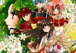  3girls :3 :d armor astrid_(fire_emblem) black_hair blue_eyes blue_hair cape dreamsaga elincia_ridell_crimea fire_emblem fire_emblem:_akatsuki_no_megami flower geoffrey_(fire_emblem) green_hair headband kieran long_hair makalov marcia multiple_boys multiple_girls open_mouth pink_hair polearm red_eyes red_hair short_hair smile weapon 