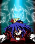  breasts glowing glowing_eyes grin hair_ornament kasu_kazu large_breasts mirror parody purple_hair red_eyes rope sharp_teeth smile solo teeth tengen_toppa_gurren_lagann touhou yasaka_kanako 