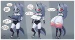 3_panel_comic absurd_res anthro areola big_areola big_breasts blue_bottomwear blue_clothing blue_shorts blue_topwear blush bottomwear breast_expansion breasts canid canine canis clothing comic english_text expansion female fur grey_hair hair helluva_boss hi_res high_socks huge_breasts hyper hyper_breasts jewelry loona_(helluva_boss) mammal necklace neckwear red_eyes shorts solo somekindofsnake speech_bubble surprise tail text topwear unimpressed white_body white_fur wolf