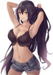  1girl alternate_costume armpits arms_up black_bra black_hair bra breasts brown_eyes cleavage collarbone contrapposto cowboy_shot cutoffs denim denim_shorts hair_between_eyes hand_in_own_hair hands_in_hair highres kantai_collection kasumi_(skchkko) lace-trimmed_bra lace_trim large_breasts long_bangs long_hair looking_at_viewer nagato_(kancolle) navel no_shirt parted_lips shorts smile solo stomach underwear white_background 