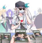  2boys 2girls 5others baseball_cap black_jacket blonde_hair dress fujoshi green_dress grey_hair hal_emmerich hat head_wings highres jacket kiss long_hair long_sleeves maplesights mask meme metal_gear_(series) metal_gear_solid mouth_mask multiple_boys multiple_girls multiple_others nijisanji nijisanji_en pointy_ears pomu_rainpuff pomu_rainpuff_(1st_costume) pov selen_tatsuki selen_tatsuki_(1st_costume) shirt short_sleeves solid_snake standing sunglasses virtual_youtuber white_shirt wings 