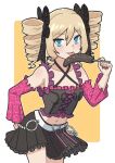  1girl absurdres bare_shoulders belt black_skirt blonde_hair blue_eyes blush bow collarbone cowboy_shot criss-cross_halter dairenji_suzuka detached_sleeves drill_hair eating food frilled_sleeves frills hair_bow halterneck hand_on_own_hip heart highres holding licking looking_at_viewer midriff miniskirt nail_polish navel ribbon simple_background skirt smile solo standing tokyo_ravens tongue tongue_out twin_drills twintails urin_(littleurin) 