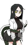  1girl absurdres black_hair breasts helltaker highres large_breasts lizard_tail long_hair looking_at_viewer monster_girl reptile_girl scales scp-682 scp_foundation simple_background skirt solo tail white_background yellow_eyes 
