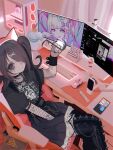  1girl ame-chan_(needy_girl_overdose) animal_ear_headphones animal_ears at_computer belt between_legs black_belt black_choker black_eyeliner black_hair black_nails black_shirt black_skirt blonde_hair blue_bow blue_eyes blue_hair bow cat_ear_headphones cellphone chain chair choker chouzetsusaikawa_tenshi-chan computer computer_tower cuffs cup curtains desk emo_fashion eyelashes eyeliner fake_animal_ears fishnet_gloves fishnet_thighhighs fishnets food gaming_chair gloves gothic hair_bow hair_ornament hair_over_one_eye hairclip hand_between_legs headphones hello_kitty highres indoors irreligiositat jewelry keyboard_(computer) long_hair long_sleeves looking_at_viewer looking_back makeup monitor mouse_(computer) multicolored_hair multiple_hair_bows nail_polish necklace needy_girl_overdose office_chair phone pink_bow pink_hair pizza pleated_skirt quad_tails razor razor_blade sanrio scar self-harm_scar shirt short_sleeves sitting skirt smartphone smile solo spikes stylus swivel_chair thighhighs twintails x_hair_ornament 