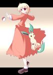  aki_shizuha blonde_hair blush brown_eyes crossover dress gen_4_pokemon leafeon miyo_(miyomiyo01) poke_ball pokemon pokemon_(creature) red_eyes shoes short_hair smile touhou 