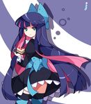  blue_eyes bow cake dress food fruit green_eyes hair_bow ideolo long_hair multicolored_hair panty_&amp;_stocking_with_garterbelt solo stocking_(psg) strawberry striped striped_legwear thighhighs two-tone_hair 