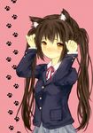  animal_ears black_eyes brown_eyes cat_ears k-on! long_hair nakano_azusa neck_ribbon paw_pose red_ribbon ribbon school_uniform solo twintails yukise_miyu 