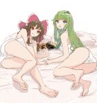  2girls :q ass bare_arms bare_legs bare_shoulders barefoot blue_eyes blush bow brown_hair camisole closed_mouth commentary_request eyelashes feet food frilled_bow frilled_hair_tubes frills frog_hair_ornament green_hair hair_between_eyes hair_bow hair_ornament hair_tubes hakurei_reimu highres holding holding_food huge_bow kashiwada_kiiho knees_together_feet_apart kochiya_sanae long_hair looking_at_viewer lying multiple_girls on_bed on_side open_mouth panties red_bow red_eyes senbei sidelocks simple_background smile snake_hair_ornament soles thighs toes tongue tongue_out touhou underwear white_background white_camisole white_panties 