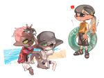  3boys :p barefoot beach black_footwear black_shorts blue_eyes broken_arm brown_hair clenched_teeth closed_mouth dark-skinned_male dark_skin gradient_hair green_eyes grey_headwear hat hawaiian_shirt inkling_boy inkling_player_character lifebuoy long_hair low_ponytail male_focus multicolored_hair multiple_boys one_eye_closed orange_hair pink_hair pointy_ears red_shirt round_eyewear sandals shirt short_hair shorts sleeves_past_wrists spl8ya splatoon_(series) sweat swim_ring tan teeth tentacle_hair tongue tongue_out translation_request two-tone_hair unworn_eyewear v-shaped_eyebrows water white_background white_hair white_shorts 